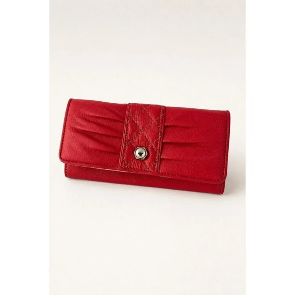 VTG Retro Liz Claiborne Pleated Pebbled Leather Wallet Clutch Red Quilted NIB